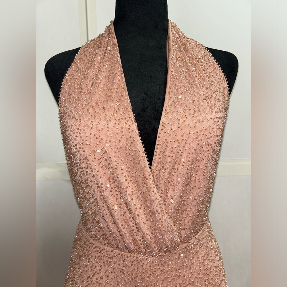 Oh Polly Embellished Plunge Neck Backless Halter Jumpsuit Beige Beaded Sequins 2 - Picture 9 of 15
